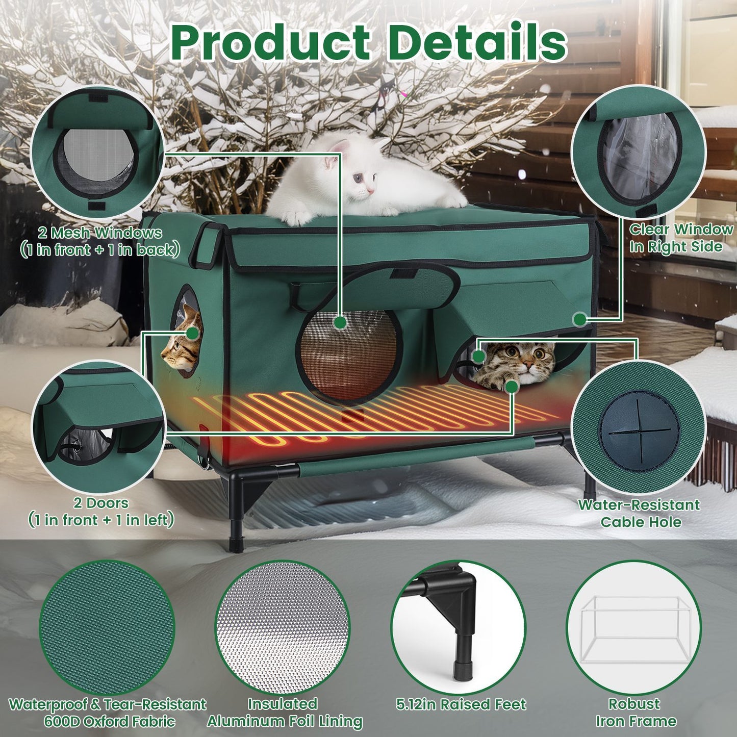 Waterproof Heated Cat House – Outdoor Insulated Kitty Shelter with Heating Pad & Anti-Chew Cord