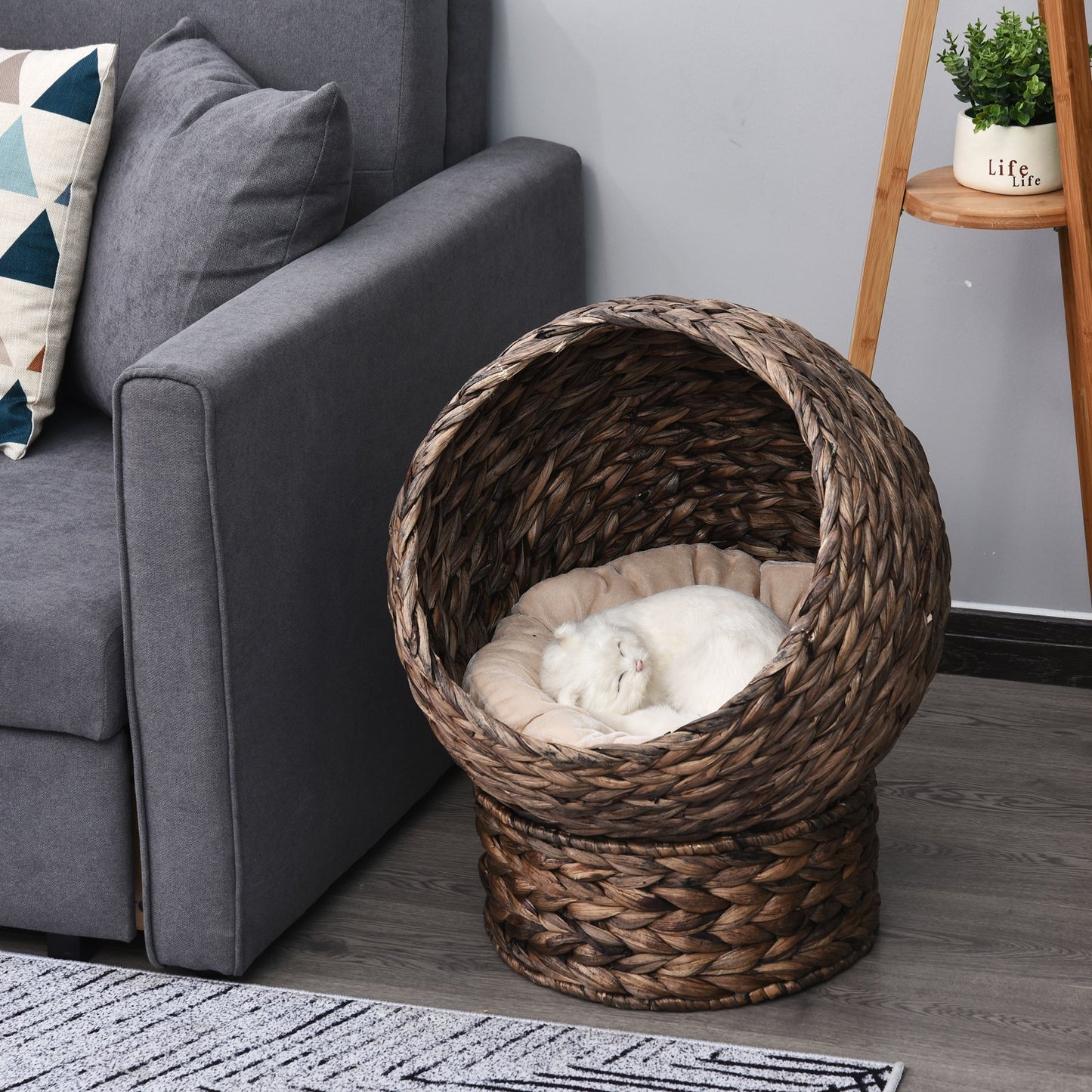Handmade Wicker Elevated Cat Bed with Cushion — Dark Brown