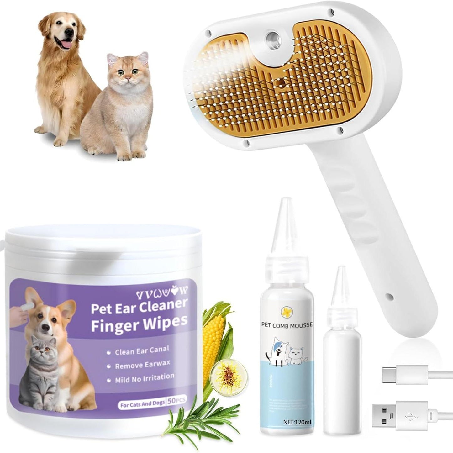 3-in-1 Steam Pet Brush – Spray, Comb & Clean for Cats and Dogs (with Waterless Shampoo & Ear Towels)