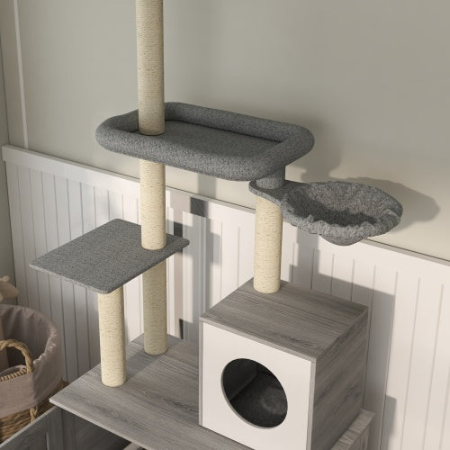 PawHut 2-in-1 Cat Tree with Hidden Litter Box Enclosure – Floor-to-Ceiling Cat Tower with Hammock, Condo & Scratching Posts, Gray